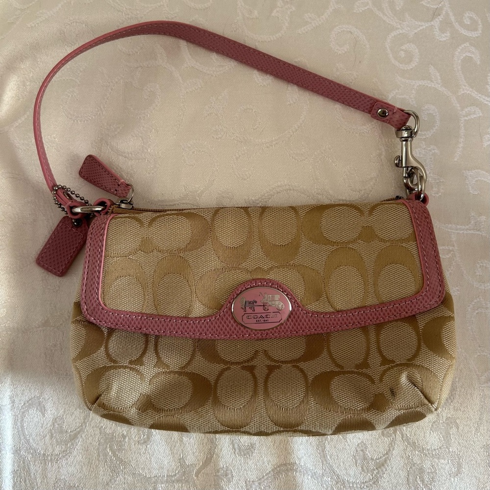 Coach Pouchette / Wristlet tan canvas w/ pink leather trim